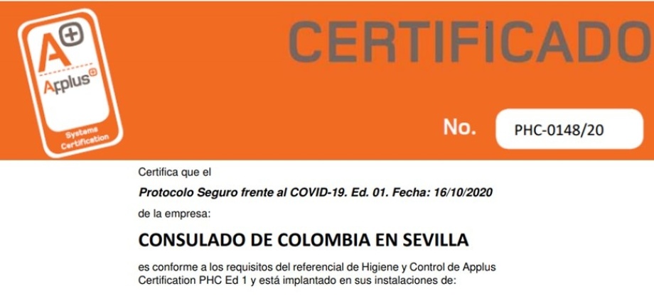 Consulado de Colombia en Sevilla recibe certificado adjunto sobre Protocolo seguro frente al COVID