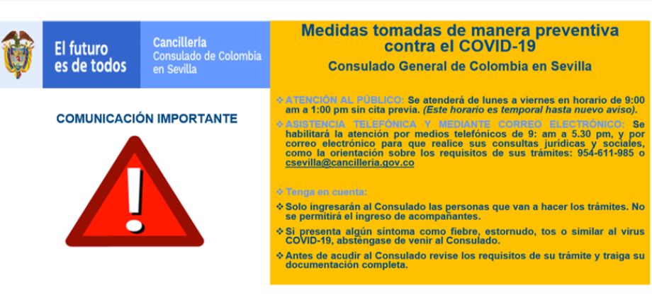 Medidas tomadas de manera preventiva por el Consulado de Colombia en Sevilla frente al COVID 19