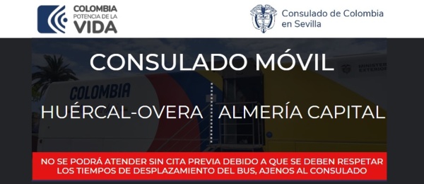 Consulado de Colombia en Sevilla estará con su Consulado Móvil en Huércal-Overa, 12 de septiembre, y Almería Capital del 13 al 15 de septiembre de 2023