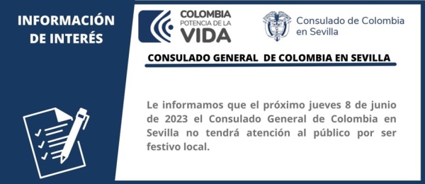 Consulado de Colombia en Sevilla no tendrá atención al público el 8 de junio de 2023