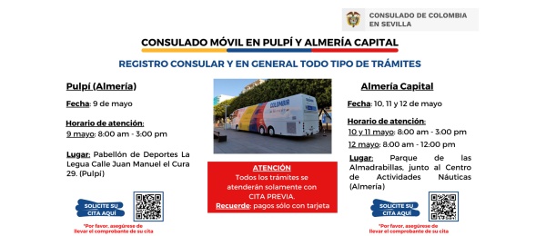 Consulado de Colombia en Sevilla realizará un Consulado Móvil en las ciudades de Pulpí (Almería) y Almería capital, del 9 al 12 de mayo de 2023 