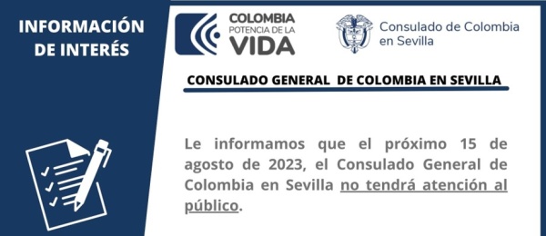 Consulado de Colombia en Sevilla no tendrá atención al público el 15 de agosto de 2023