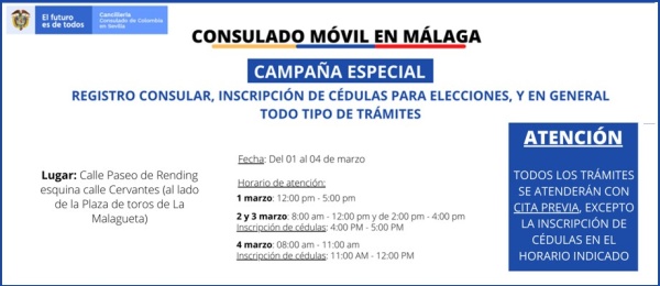 Consulado de Colombia en Sevilla realizará la jornada de Consulado Móvil en Málaga del 1 al 4 de marzo de 2021