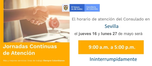 Consulado de Colombia en Sevilla realizará Jornadas Continuas de Atención el 16 y 27 de mayo de 2019