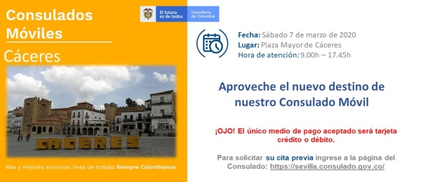 Consulado de Colombia en Sevilla realizará la jornada móvil el 7 de marzo de 2020 en Cáceres