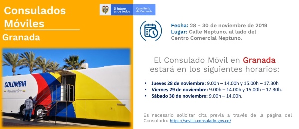 Consulado de Colombia en Sevilla estará con su Consulado Móvil en Granada, del 28 al 30 de noviembre de 2019