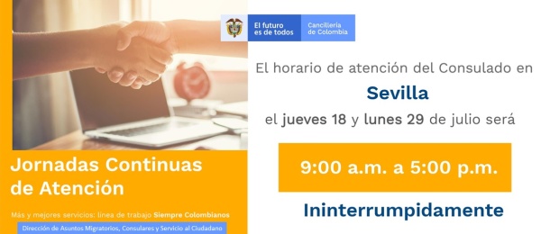 Jornadas Continuas de Atención el 18 y 29 de julio en el Consulado de Colombia 