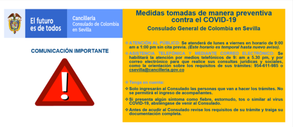 Medidas tomadas de manera preventiva por el Consulado de Colombia en Sevilla frente al COVID 19