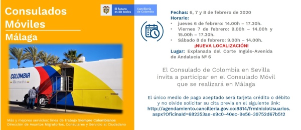 El Consulado de Colombia en Sevilla realizará Consulado Móvil en Málaga los días 6, 7 y 8 de febrero de 2020