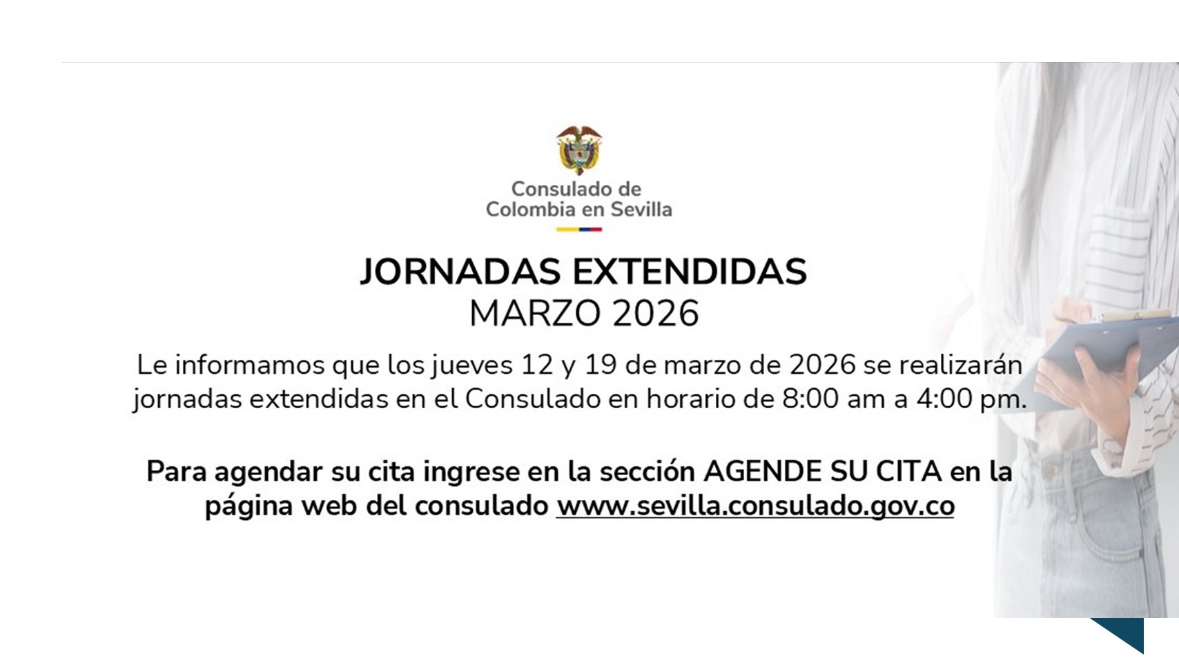 Consulado de Colombia en Sevilla realizará jornadas extendidas los días 12 y 19 de marzo de 2026