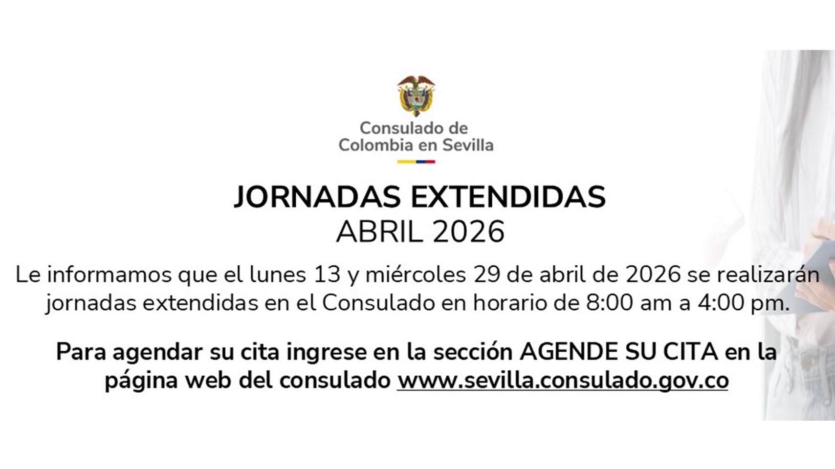 Consulado de Colombia en Sevilla realizará jornadas extendidas los días 13 y 29 de abril de 2026
