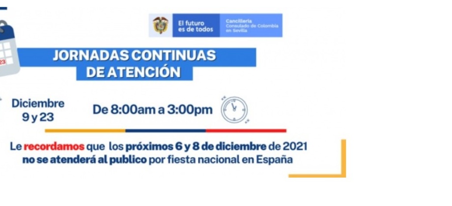 Jornadas extensivas y festivos en diciembre en el Consulado de Colombia en Sevilla