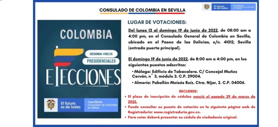 Consulado de Colombia en Sevilla publica los puestos de votación para la segunda vuelta electoral 