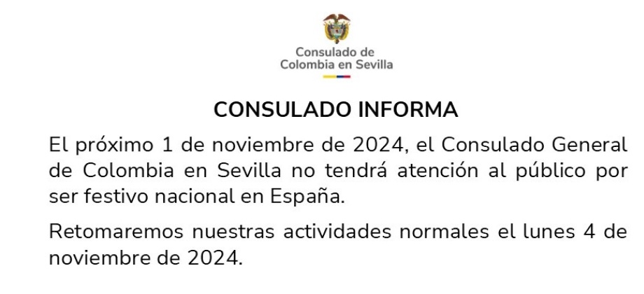 Banner que anuncia que el Consulado de Colombia en Sevilla informa que no tendrá atención al público el viernes 1 de noviembre de 2024