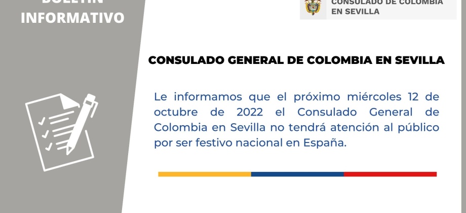 Consulado de Colombia en Sevilla no tendrá atención al público el 12 de octubre