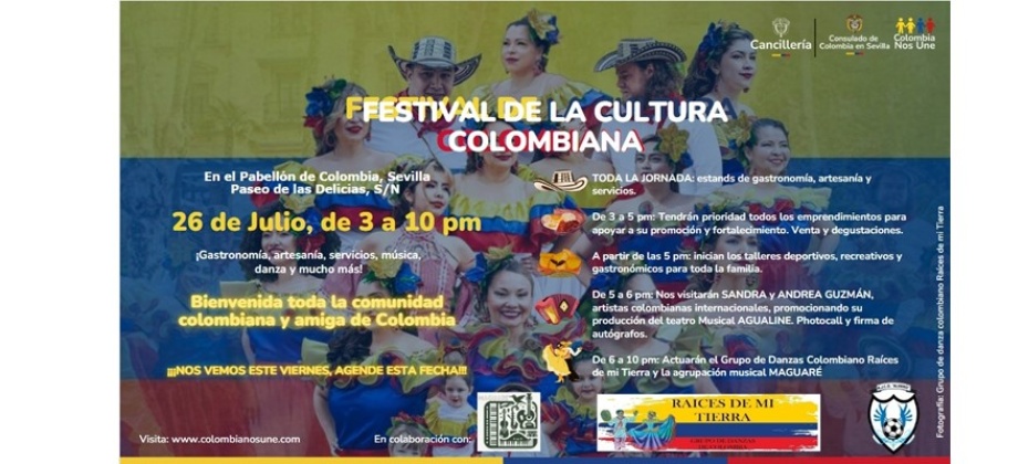 Invitación con la fecha y datos del Festival de la Cultura Colombiana este 26 de julio al Consulado de Sevilla