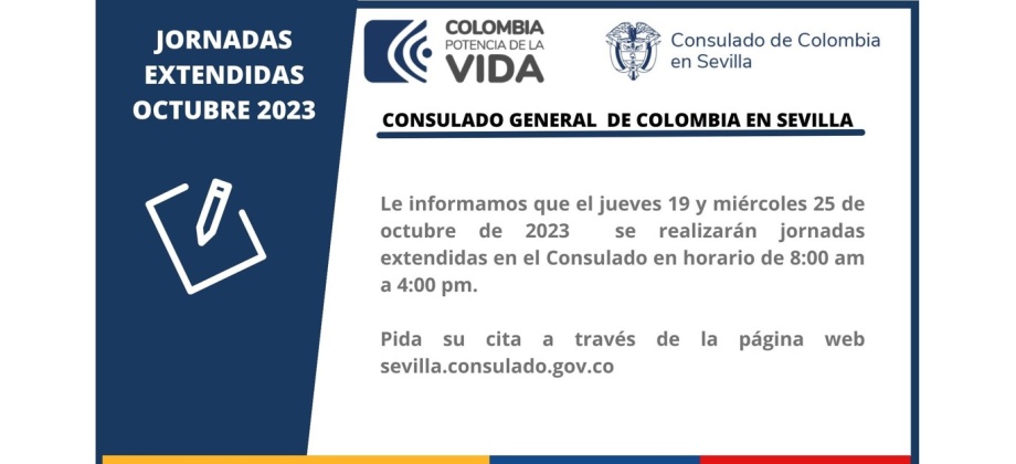 Jornadas extendidas del mes de octubre de 2023 en el Consulado de Colombia en Sevilla