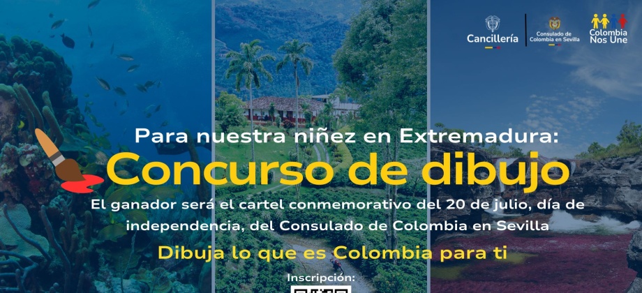 Concurso de dibujo infantil en Extremadura, "Dibuja lo que es Colombia para ti". El ganador será el fondo del cartel alusivo al 20 de julio