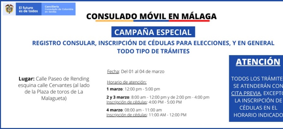 Consulado de Colombia en Sevilla realizará la jornada de Consulado Móvil en Málaga del 1 al 4 de marzo de 2021