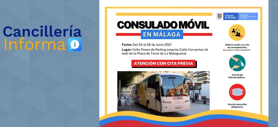El Consulado de Colombia en Sevilla realizará un Consulado Móvil en la provincia de Málaga, del 24 al 26 de junio de 2021