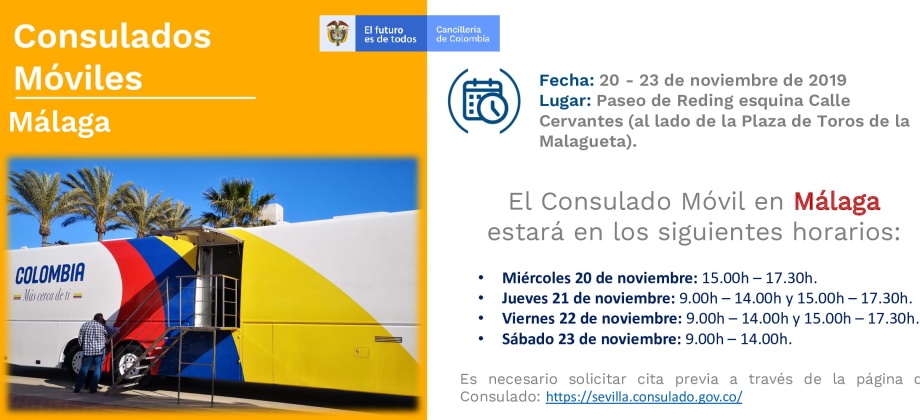 Consulado de Colombia en Sevilla estará con su Consulado Móvil en Málaga, del 20 al 23 de noviembre de 2019