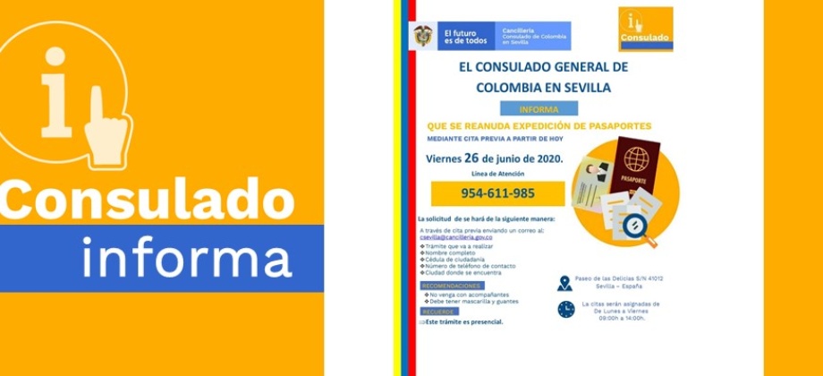 El Consulado General de Colombia en Sevilla informa sobre la reanudación de la expedición de pasaportes 