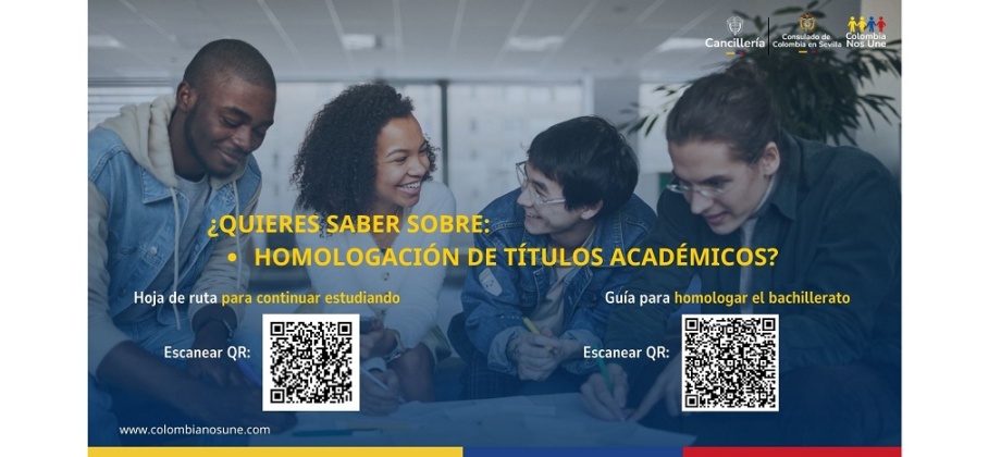 Banner con dos códigos QR que direccionan a la información sobre homologación de títulos académicos y que tiene de findo la imagen de cuatro jovenes, tres hombres y una mujer