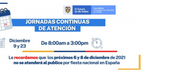 Jornadas extensivas y festivos en diciembre en el Consulado de Colombia en Sevilla
