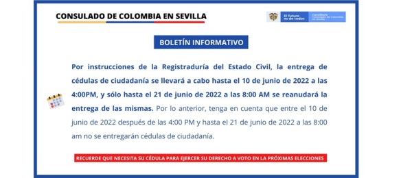 Consulado de Colombia en Sevilla informa que la entrega de cédulas se reanudará a partir 21 de junio  