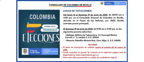 Consulado de Colombia en Sevilla publica los puestos de votación para la segunda vuelta electoral 