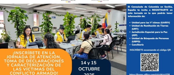 El Consulado de Colombia en Sevilla invita a la Jornada de Atención a Víctimas los días 14 y 15 de septiembre de 2025 