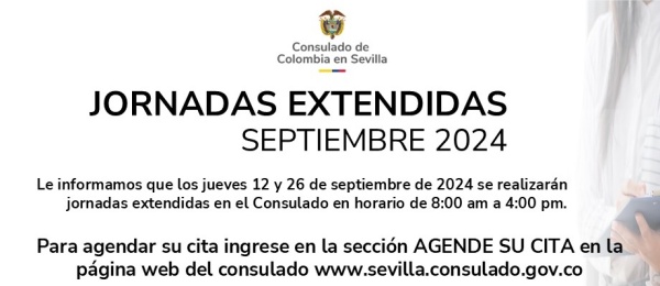 Banner con el anuncio de las fechas en las que el Consulado realizará jornada de atención extendida en el mes de septiembre de 2024