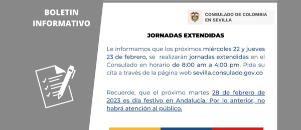 Jornadas extendidas este 22 y 23 de febrero en el Consulado de Colombia en Sevilla