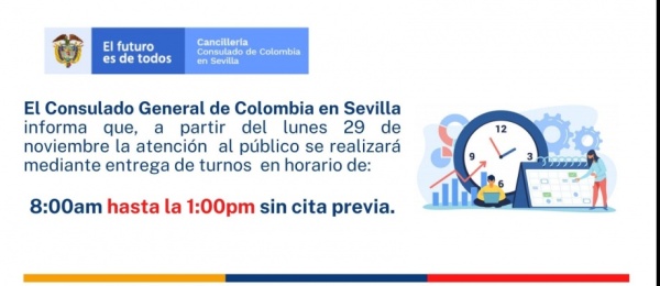 Consulado de Colombia en Sevilla informa que la atención al público se realiza sin cita previa, de 8:00 a.m. a 1:30 p.m