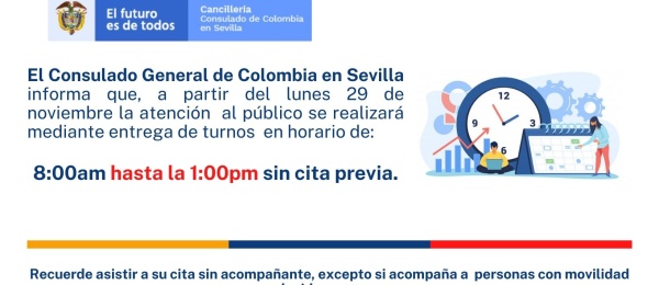 onsulado de Colombia en Sevilla informa que la atención al público se realiza sin cita previa