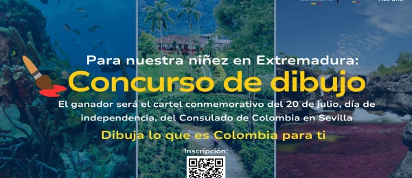 Concurso de dibujo infantil en Extremadura, "Dibuja lo que es Colombia para ti". El ganador será el fondo del cartel alusivo al 20 de julio