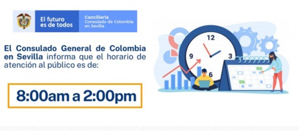 Consulado de Colombia en Sevilla informa que el horario de atención al público es de 8:00 a.m. a 2:00 p.m.