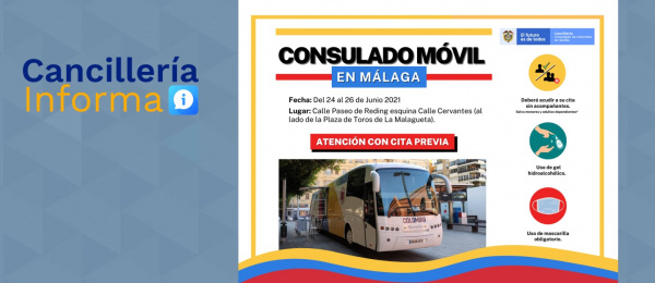 El Consulado de Colombia en Sevilla realizará un Consulado Móvil en la provincia de Málaga, del 24 al 26 de junio de 2021